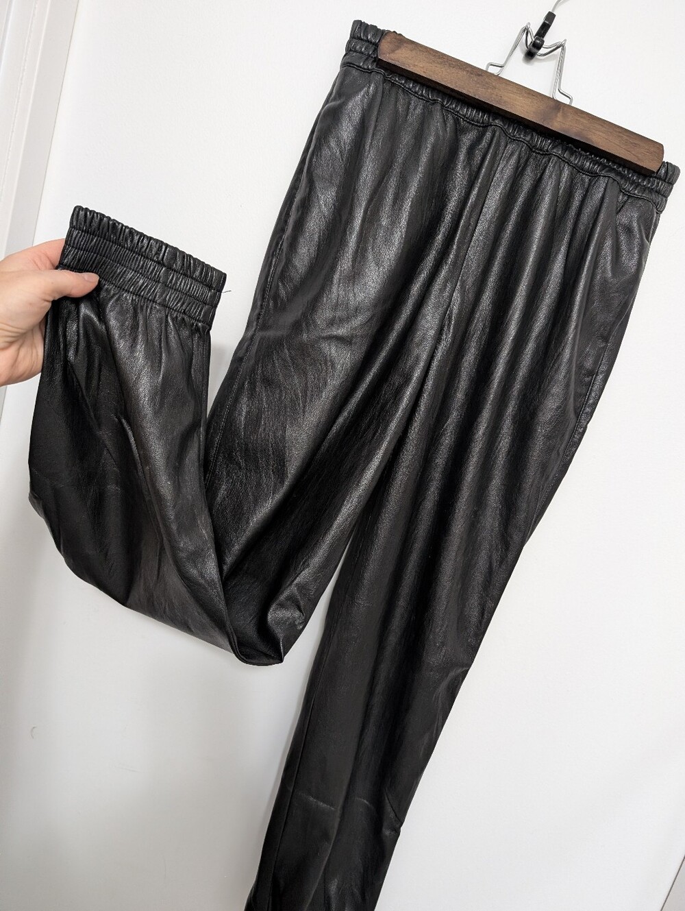 Babaton Small Faux Leather Jogger Pants High Waisted Black Shiny Stretch Pant